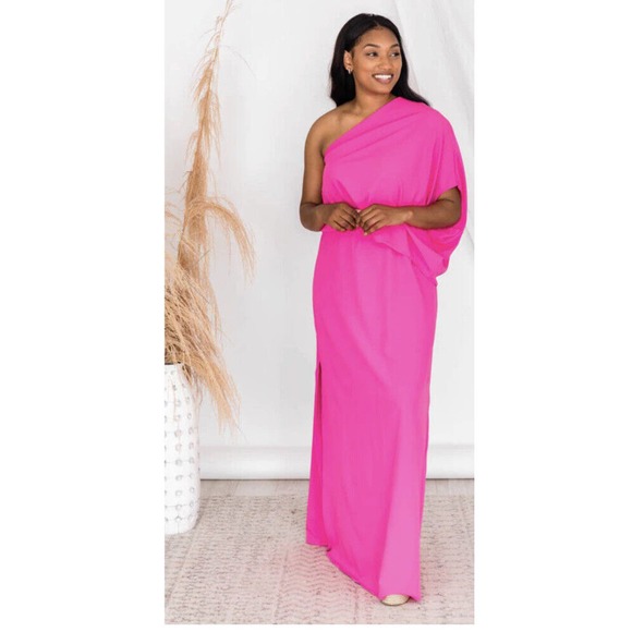 Pink Lily Cranberry Red Silky 1 Shoulder Maxi Dress w/side slit Date nite vibe - Picture 2 of 15